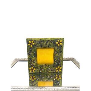 Vintage Boho Hand Embroidered & Beaded Fabric Picture Frame, Green and Yellow